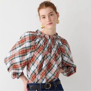 J.Crew Smocked-neck cotton poplin top in Snowy Stewart tartan, XL